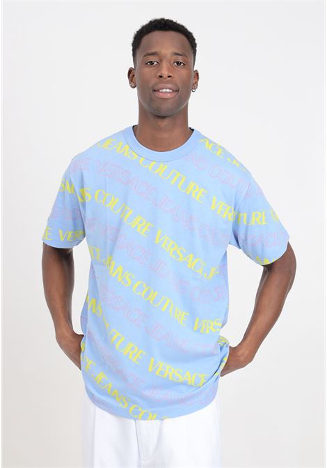 T-shirt da uomo azzurra con stampa monogram allover VERSACE JEANS COUTURE | 76GAH6R0JS296261